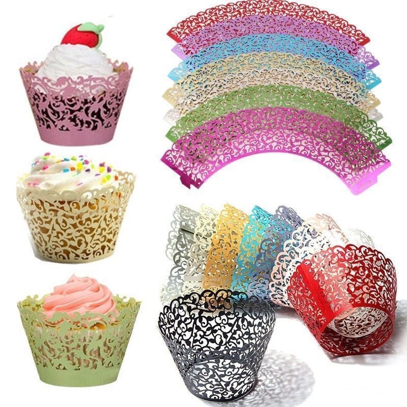 50pcs Cupcake Wrappers Filigree Vine Lace Cup Wrap Liners Wedding Party