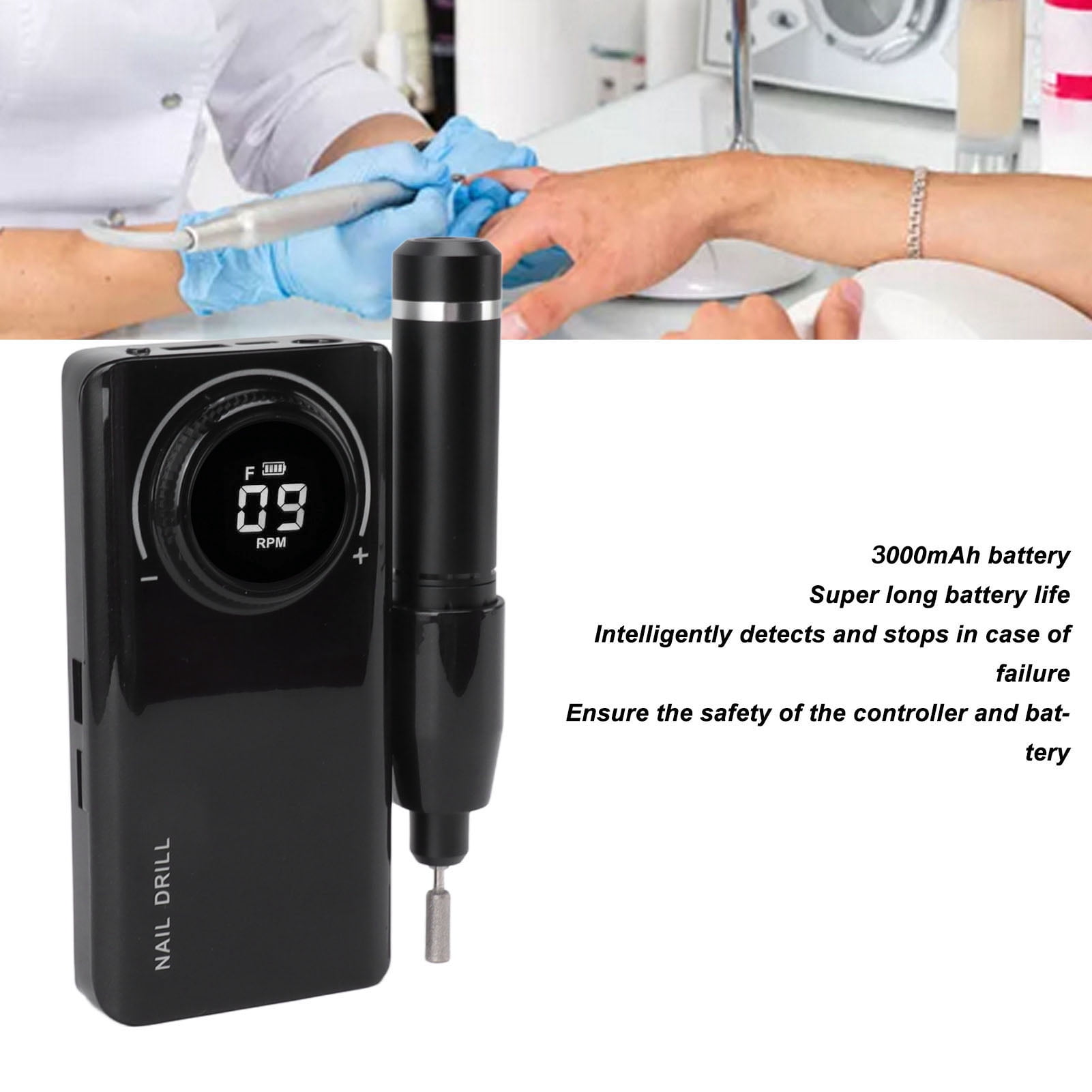 Rupoun Electric Nail Drill Machine 35000RPM Rechargeable Efile Nail Polishing Grinding Equipment with LED Display Portable Professional Salon Set Black (8.27 inches / 21 cm)