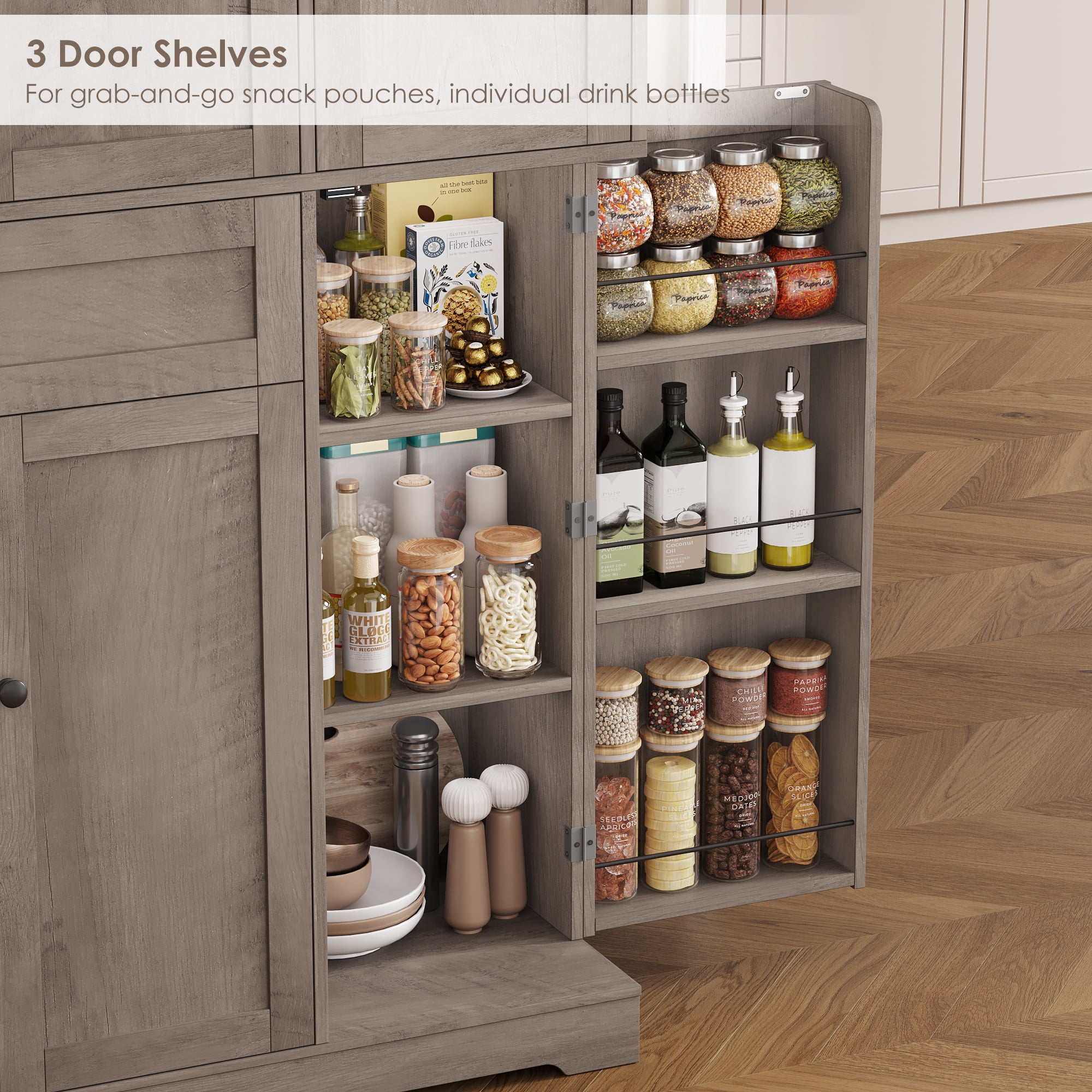 Homfa Kitchen Pantry Storage Cabinet, 68" Food Pantry Cabinet with Drawer and Door Shelf, 6 Door Freestanding Cupboard Buffet for Dining Room, Wash Gray