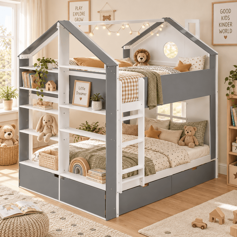 Full Over Full Bunk Bed with Storage Drawers and Shelves, Modern Two-Tone Wood Bunk Bed with LED Light Strip, Safety Guardrails and Ladder, Space-Saving Bed Frame for Kids, Teens