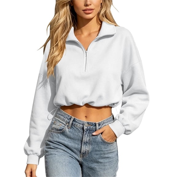 VSSSJ Women's Half Zip Cropped Sweatshirts Loose Long Sleeve Drop Shoulder Pullover Sweatshirt Lightweight Trendy Workout Crop Tops White L
