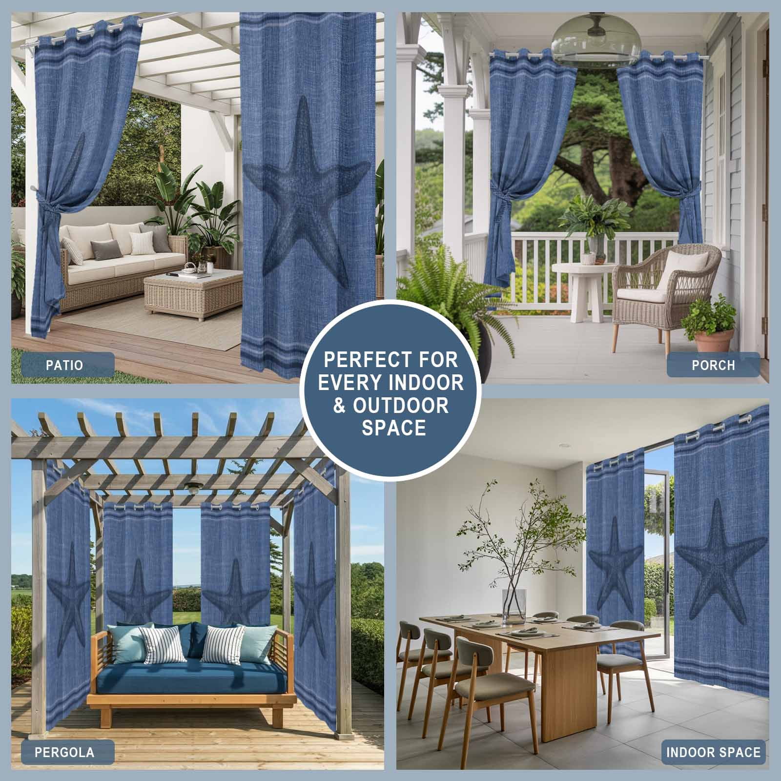 Ocean Starfish Outdoor Curtains for Patio, Nautical Coastal Navy Blue Beach Marine Life Black Stripe Sunshade Privacy Drapes Grommet Waterproof Outside Curtains for Porch Balcony 54"x108", 1 Panel