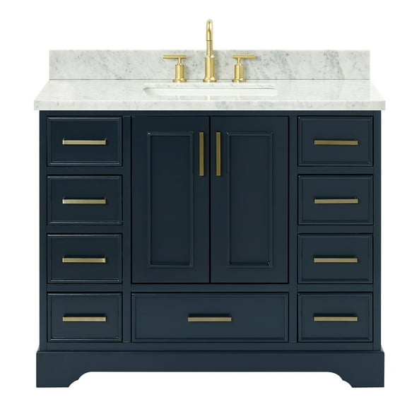 Ariel Stafford 43 Inch Single Rectangle Sink Vanity With Carrara White Marble Countertop W/0.75" Edge In Midnight Blue