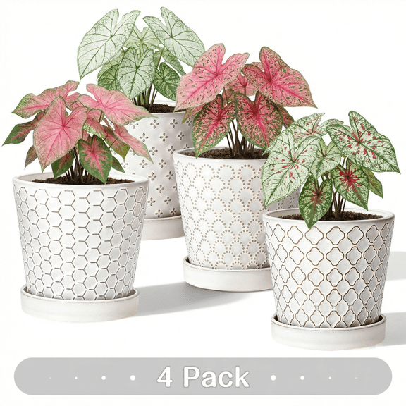 EFISPSS 5 inch White Ceramic Plant Pots with Drainage Holes and Tray, 4-Pack Indoor Flower Pots for Herbs, Cactus, Home & Office Decor