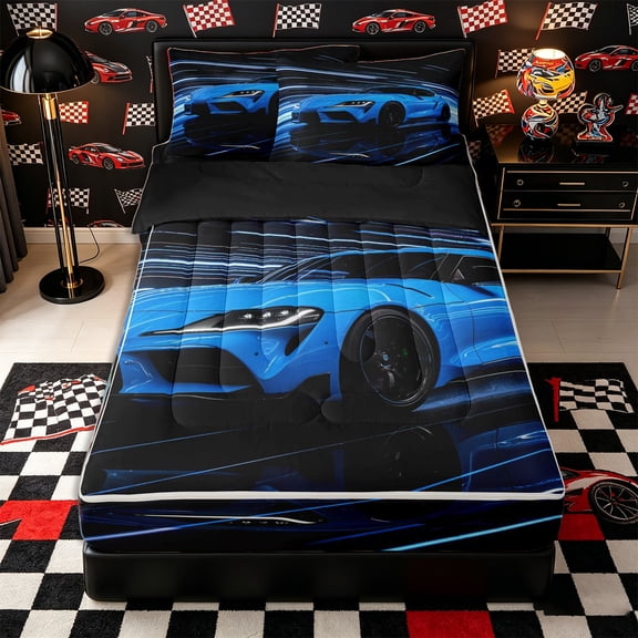 Castle Fairy Neon Sports Car Zipper Twin Comforter Sets with Fitted Sheet and 2 Pillowcases,Light Trail Race Zipper Bedding Set,Blue Black,4-Piece,Black Reversible