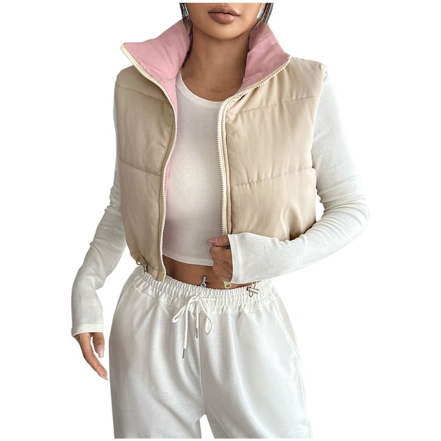 Veste pour Femmes, Décontractée à Col Contrastant, Ajustée, Courte, Sans Manches, à Fermeture Éclair, Mode, Gilet Chaud, Vestes pour Femmes