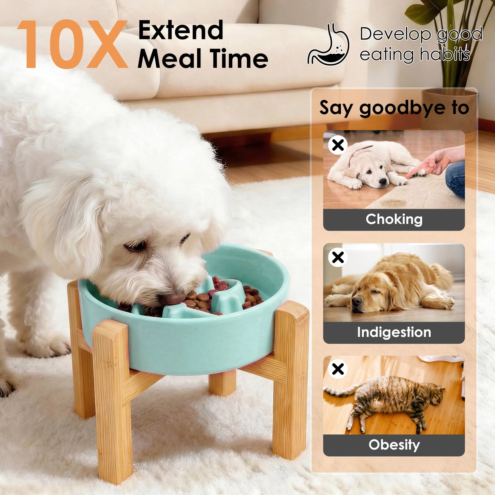 Threns Ceramic Slow Feeder Bowl, Slow Feeding Food Dish with Bamboo Stand for Dogs Cats, Anti-Gulping, Stop Bloat, Preventing Choking