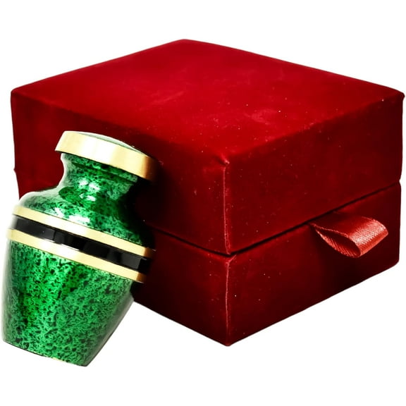 Small Keepsake Urn for Human Ashes – Green Metal Mini Memorial Urn with Gold Accents & Velvet Box