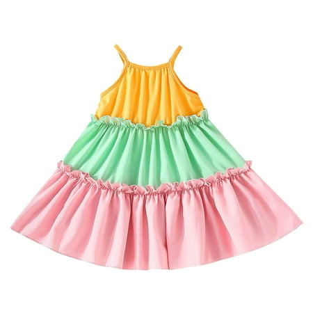 

XIEULQP Summer Dress Toddler Girls Sleeveless Rainbow Patchwork Color Ruffles Princess Dress Dance Party Dresses Clothes Flower Girl Dress Pink