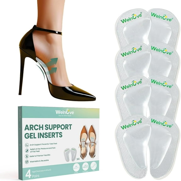 Welnove Arch Support Inserts Flat Feet - 4-Pair Gel Arch Support Insoles for Plantar Fasciitis, Foot Pain Fatigue Relief - Soft Heel Pads Adhesive Fit Most Shoes, Men Women, 0.47" Height