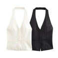 thumbnail image 2 of HH TRAF Top de cuello en V sin mangas con espalda descubierta y cuello halter para mujer, elegante top informal de calle de un solo color con una hilera de botones, 2 of 4