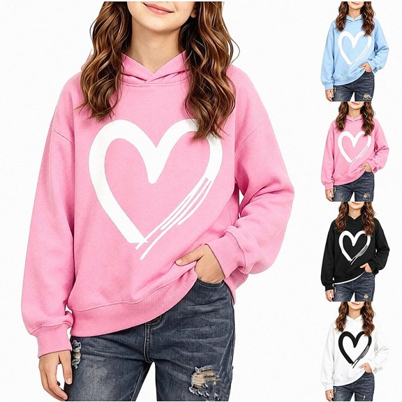 WAVSUF Girls Hooded Sweatshirts, Heart Print Hooded Long Sleeve Fall Casual Daily Pullover Pink 7-8