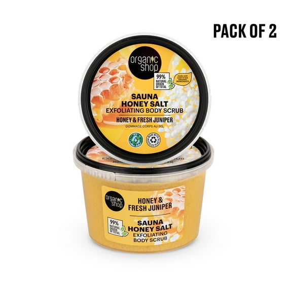 Organic Shop Honey Salt & Juniper Hydrating & Exfoliating Body Scrub, 100% Vegan & Organic, Daily Exfoliant, Detox & Moisturizer, Body, Face, Hand & Foot, Intensive Care & Skin Toning. 250ml. Pack-2
