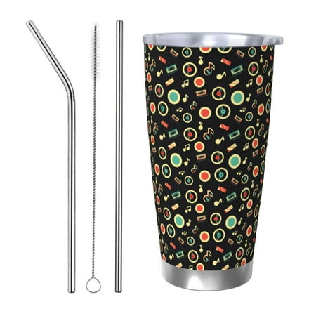 

Uemuo Vector Retro Music Print Travel Coffee Mug 20oz Double-walled Car Cup Stainless Steel Insulated Tumbler Leak-proof Travel Cup Reusable Straw Car Cup-Straw Three-piece Set