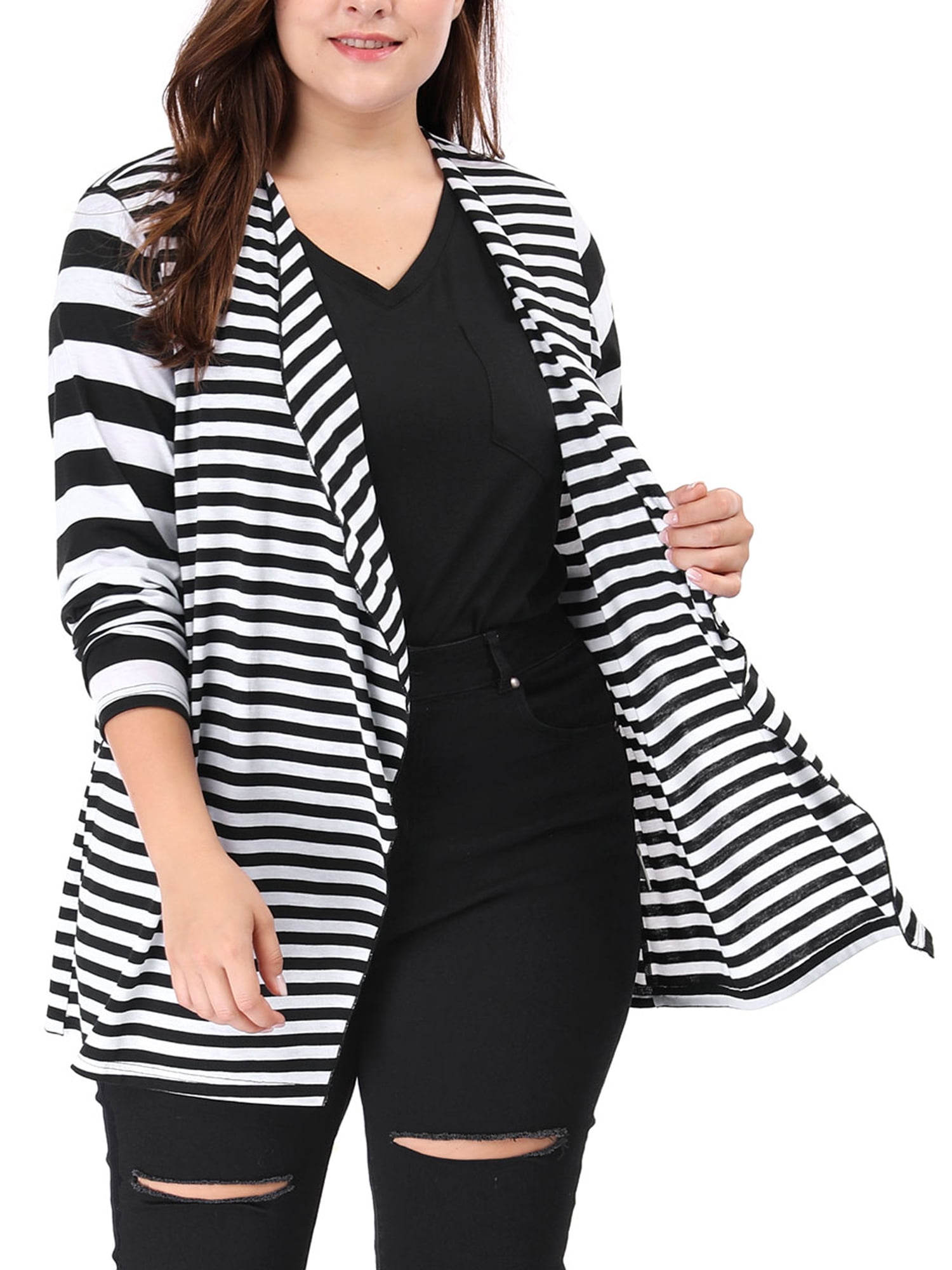 Unique Bargains Women's Plus Size Open Front Striped Mixed Cardigan 3X Black