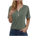 thumbnail image 2 of YHAJDS Short Sleeve Tops for Women V Neck Button Down Puff Sleeve Solid Color Blouse Loose Summer Top, 2 of 5