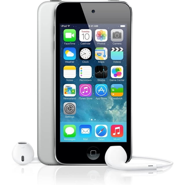 Apple iPod Touch 5e Génération 16 Go Argent en excellent État, Certifié d'Occasion et Remis à Neuf. Présente un design Argent Élégant avec une interface à Écran Tactile Affichant des Icônes d'Appli, Accompagné d'Écouteurs Blancs et d'Un Nouveau Câble lightning.
