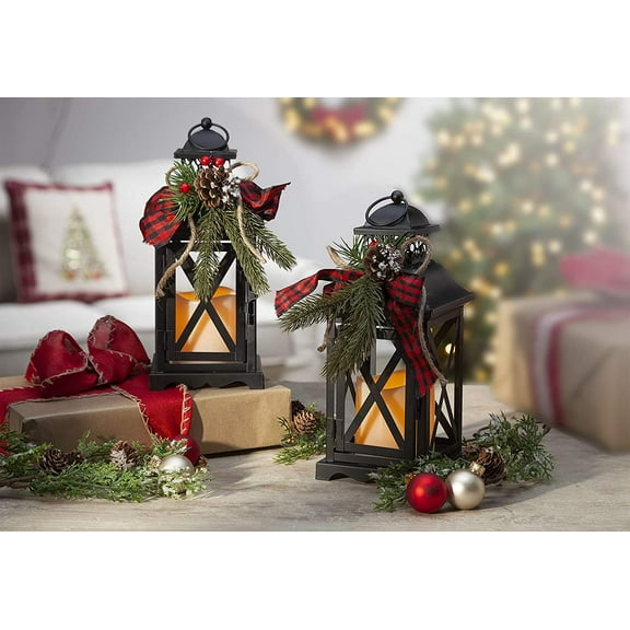 Gerson Set of 2 Battery Operated Lighted Christmas Metal Holiday Lanterns with Floral Accents and Timer