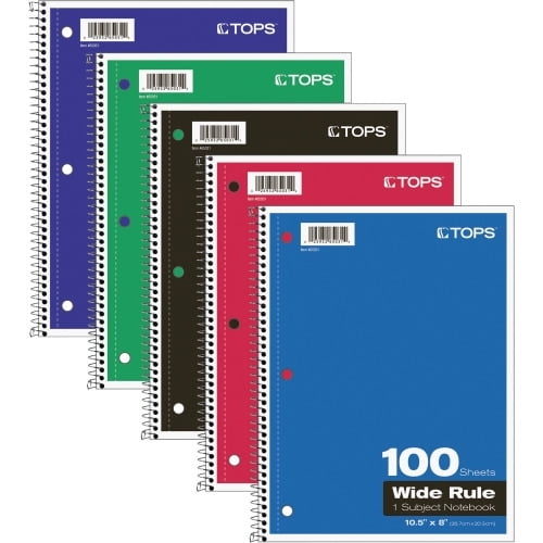 TOPS Wide Rule 1-subject Spiral Notebook 100 Sheets - Wire Bound - 10 1/2' x 8' - 0.3' x 8'10.5' - Assorted Paper - Black, Red, Blue, Green, Purple Cover - Card Stock Cover - Perforated, Subject, Easy