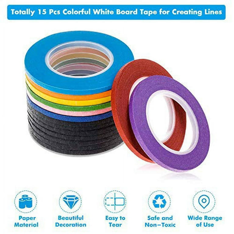Cridoz 15 Rolls 1/8 Whiteboard Thin Tape Pinstripe Art Tape Dry Erase Board  Grid Tape Lines Pinstriping Electrical Marking Tape, Assorted Colors