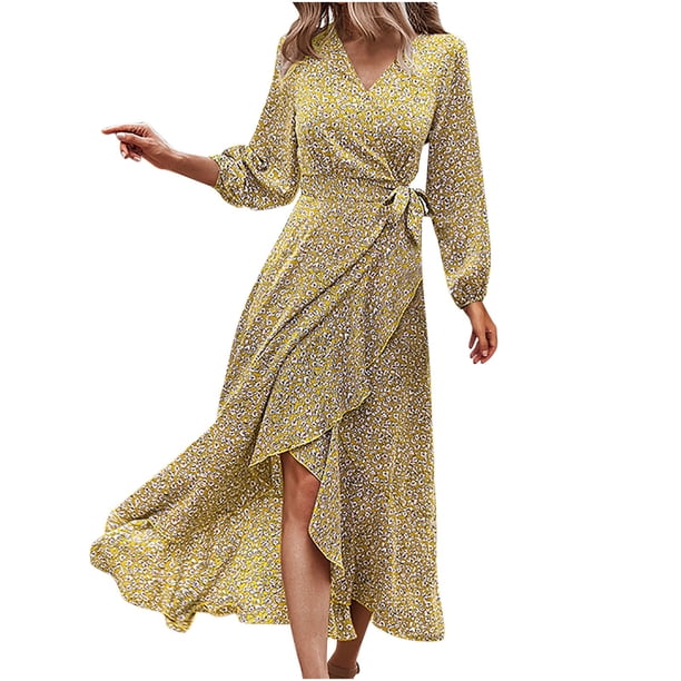 Vestido de manga larga con escote en V y vendaje en la espalda con estampado floral de primavera y otoño para mujer Fridja NMB4492