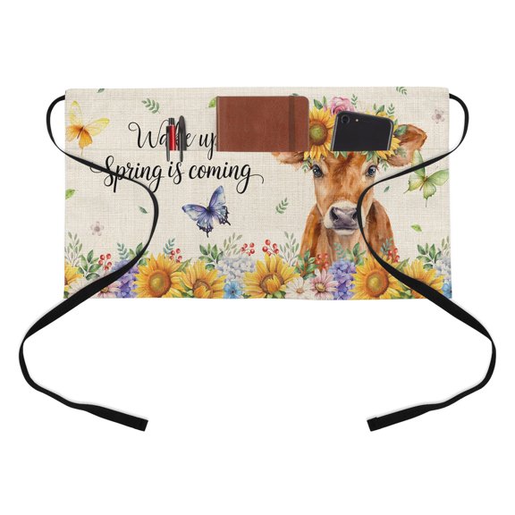 Cows Kitchen Restaurant Half Waist Apron, Watercolor Spring Yellow Purple Pink Floral Leaf Butterfly Linen Texture Server Short Apron with 3 Pockets Waterproof Oil Waist Aprons for Women Waiter