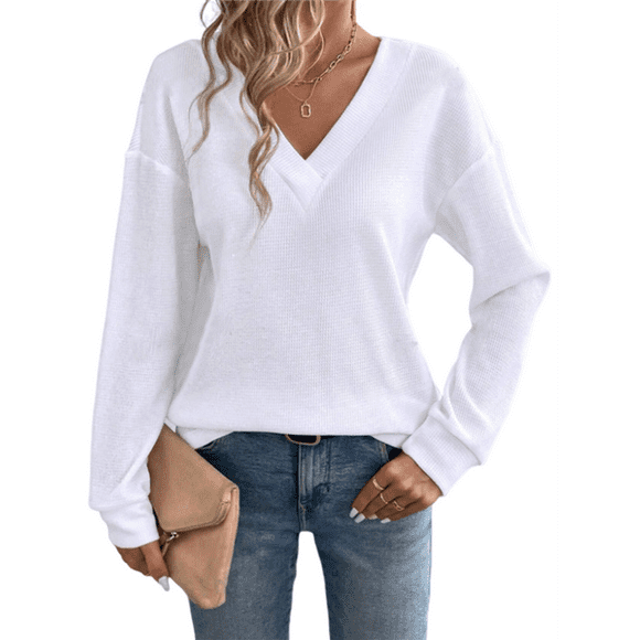 Womens Waffle Knit Tops Fashion Long Lantern Sleeve Casual Blouses V Neck Oversized T Shirts White M