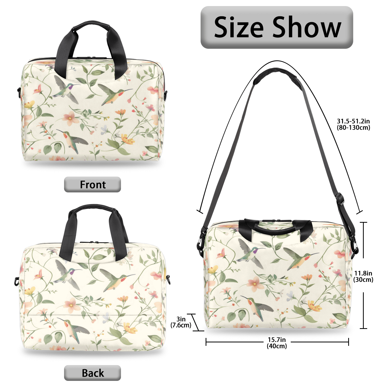 Herdesigns Flower Hummingbird Laptop Bag for Women Men, Computer Case Briefcase Messenger Bags, 15-15.6 inch Laptop Sleeve Shoulder Bag