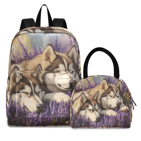 ALAZA Backpack Set Huskies Dog in Lavenders Elementary School Bags Student BookBag with Lunch Bag