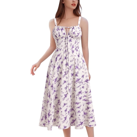 IDOPIP Women Floral Corset Spaghetti Strap Casual Sundress 2026 Summer Boho Flowy Midi Slit Dress
