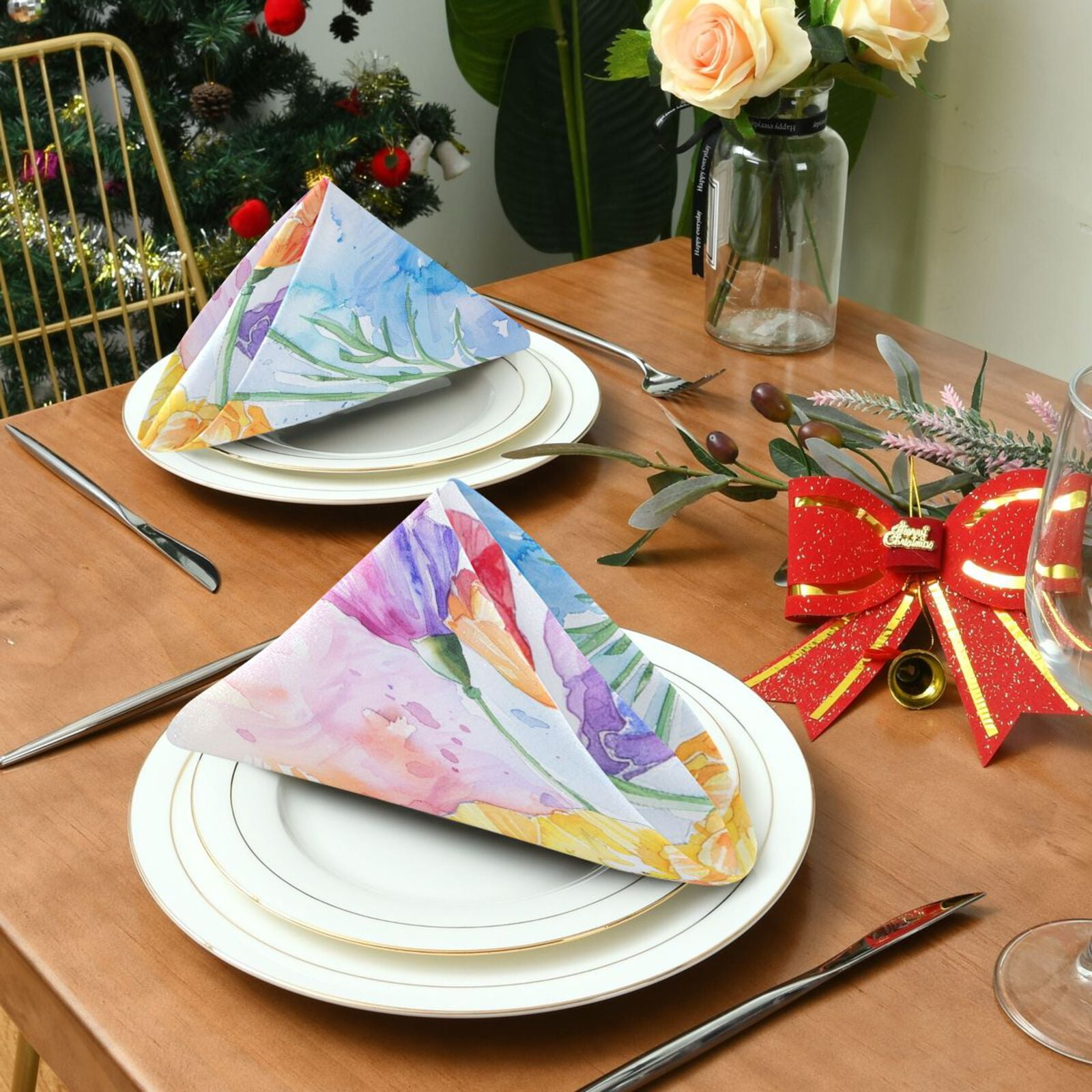 JSTEL Poppy Flowers Watercolor Cloth Napkins Set of 6, 20x20 Inch Washable and Reusable Napkin for Decoupage Dinner Party Everyday Use