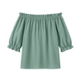 thumbnail image 6 of Tqcoqu Women's Solid Off Shoulder Ruffle Elastic 3/4 Puff Sleeve Blouse,Loose Flowy Summer Casual Pullover Top,Mint Green Women's S-XXL, 6 of 7