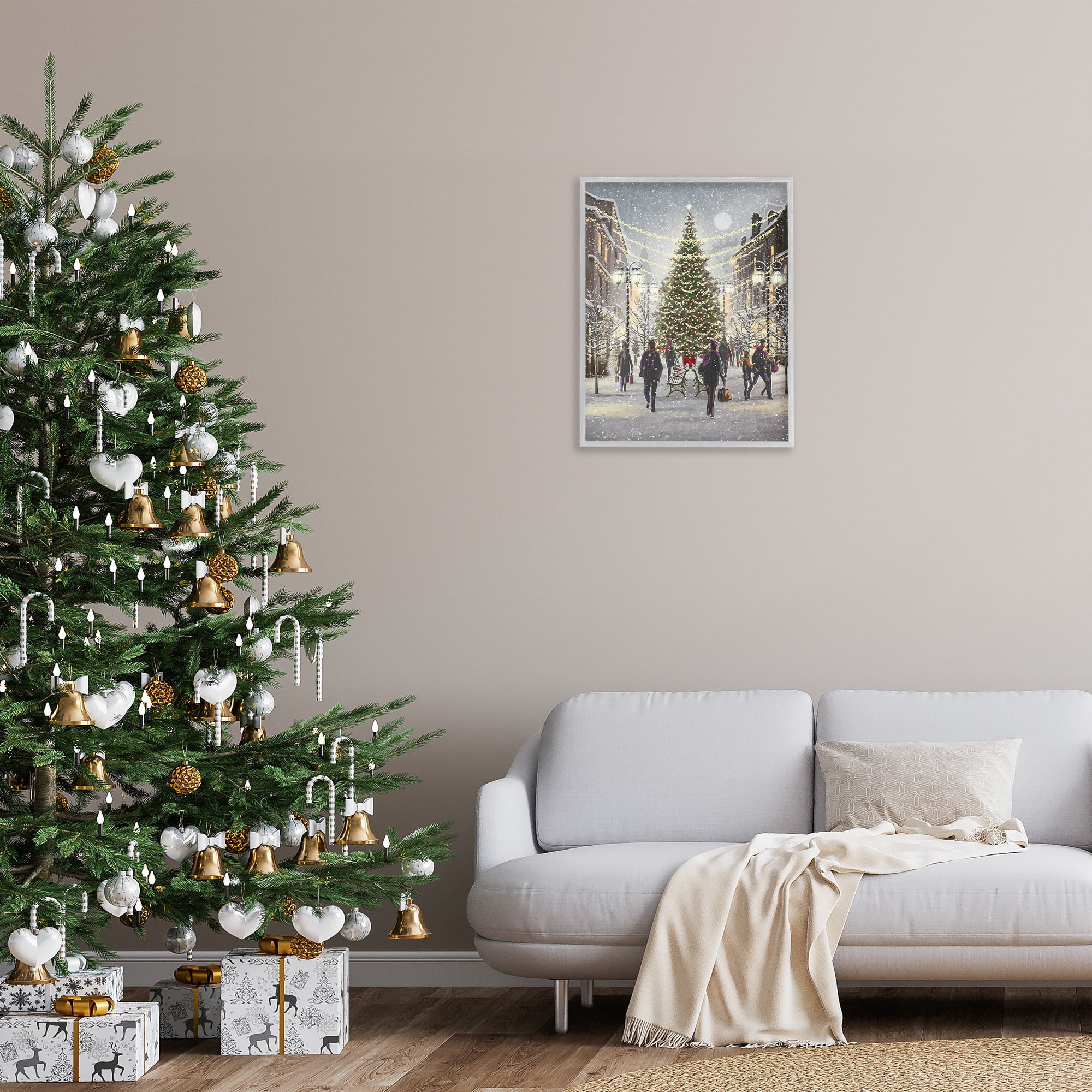 Stupell Industries Town Christmas Tree Holiday Painting Gray Framed Art Print Wall Art, 24 x 30