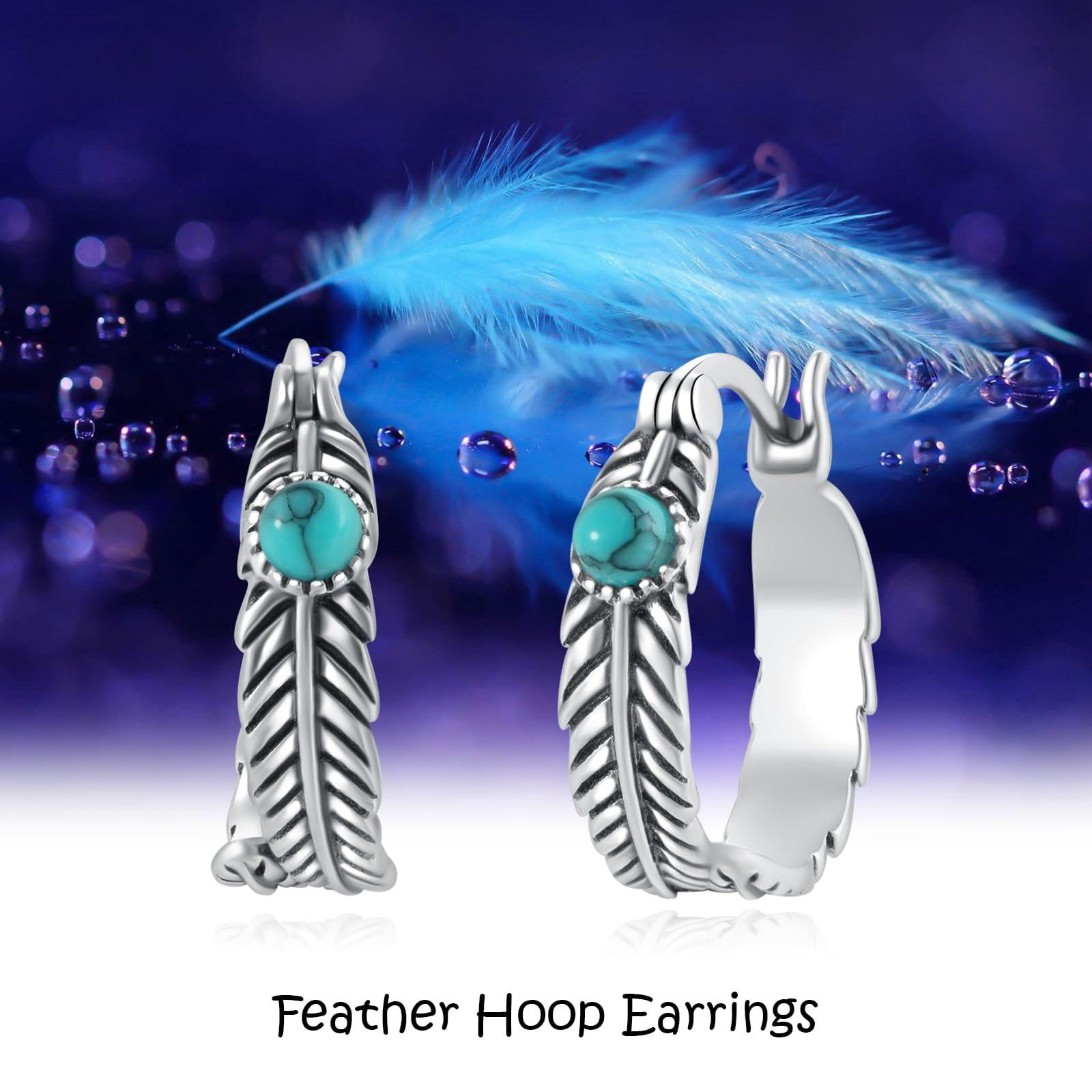Coachuhhar Feather Earrings 925 Sterling Silver Turquoise Hoop Earrings Western Jewelry Turquoise Feather Gifts for Women Birthday