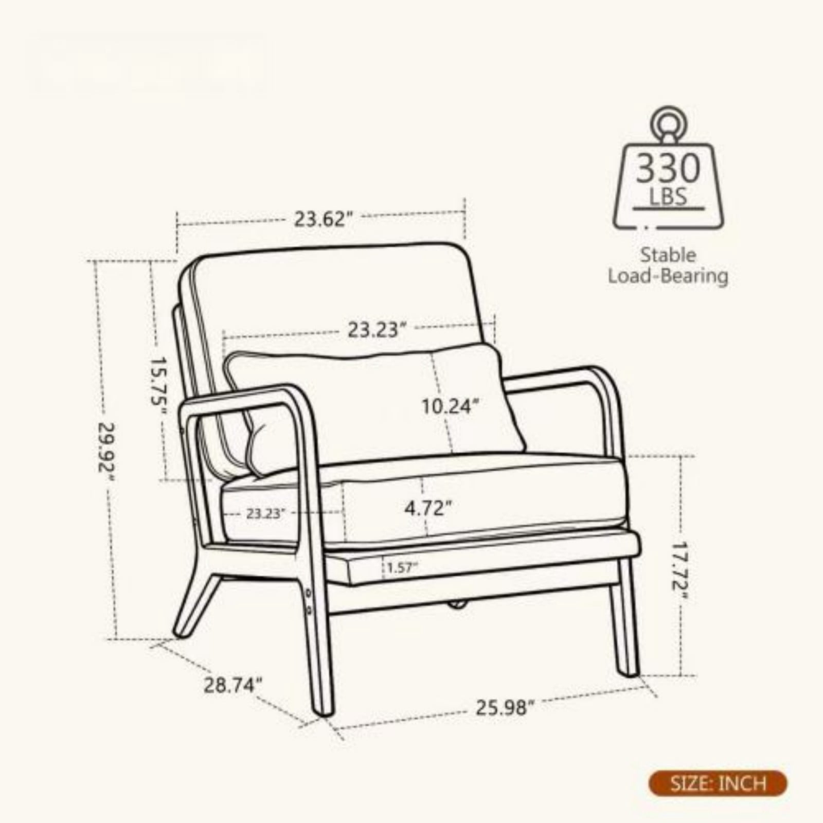 Mid-Century Modern Lounge Chair Single Upholstered Accent Chair with Curved Wood Armrests & Lumbar Cushion, Living Room Bedroom Reading Armchair Indoor, Beige