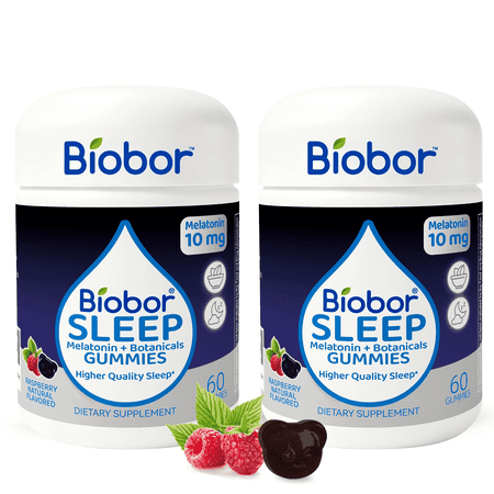 (2 Packs)Biobor Melatonin Sleep Gummies 10mg with L-Theanine & Herbal Extracts, Calm & Relaxation Support, Non-GMO, Gluten Free, Raspberry Flavored, 120 Count