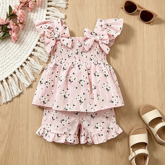 Baby Girl Outfits 2 Piece Floral Print Square Neck Sleeveless Ruffle Top And Shorts for Summer Vacation Girls' Clothing Sets Pink 6-12 Months