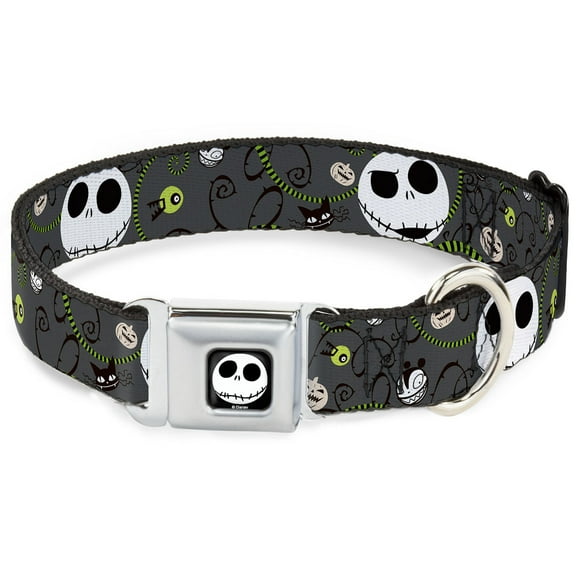 Disney Pet Collar, Dog Collar Metal Seatbelt Buckle, Nightmare Before Christmas Jack Expressions Halloween Gray, 16 to 23 Inches 1.5 Inch Wide