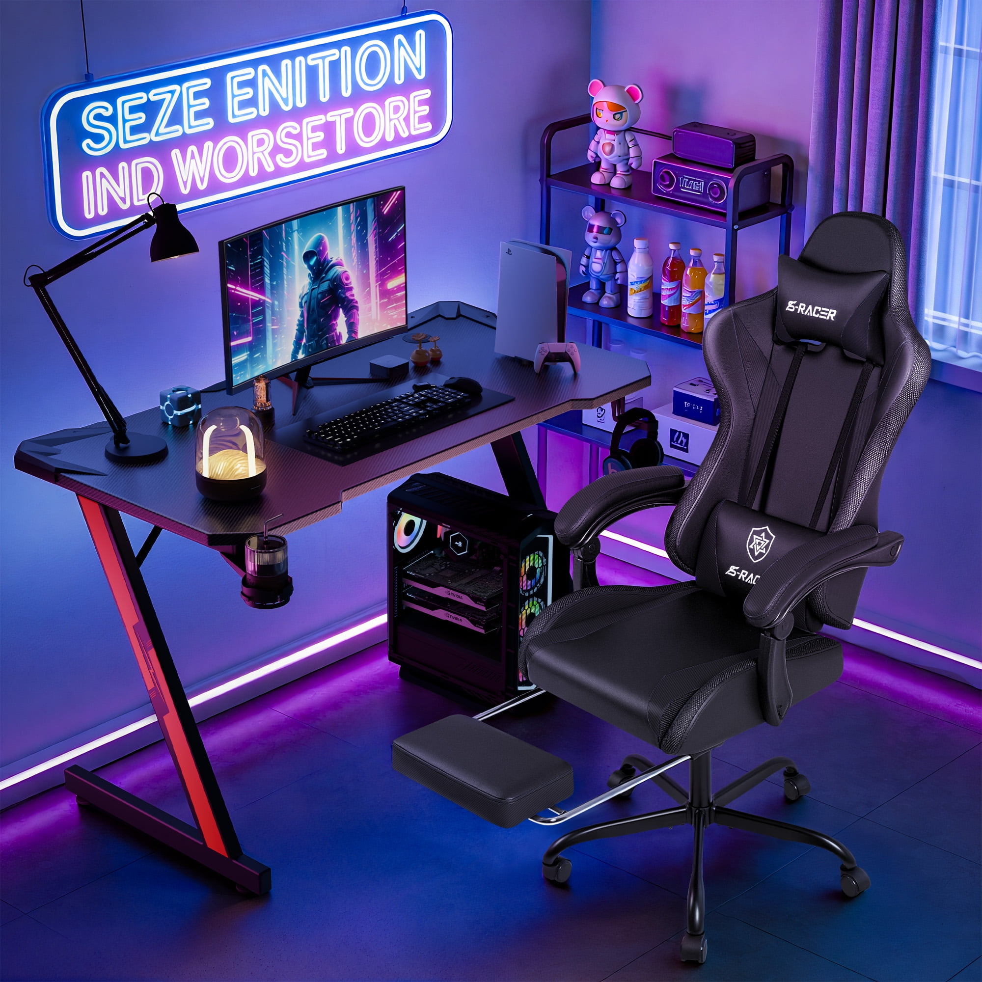 Homall RGB Gaming Chair Massage Reclining Racing Chair with APP & Remote Control, Audio Sync LED, Footrest & Headrest, Black