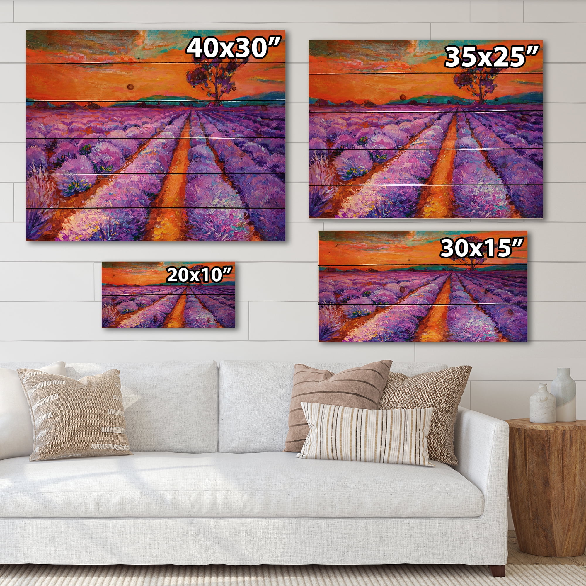 Designart 'An Orange Sunset Over Purple Lavender Fields I' Farmhouse Print on Natural Pine Wood