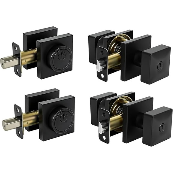 Square Front Door Lock Set,Single Cylinder Deadbolt and Knob with Lock, Keyed Alike Door Locks for Front Door(Matte Black,2pack-Set)
