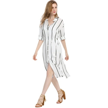 Striped Belted Shirt Dress - Women Striped Drop Shoulder Slit Sides Belted Midi Shirt Dress