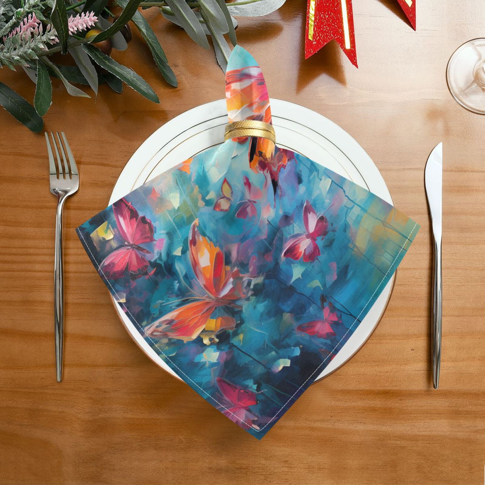 JSTEL Butterfly Painting Cloth Napkins Set of 6, 20x20 Inch Washable and Reusable Napkin for Decoupage Dinner Party Everyday Use