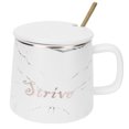 thumbnail image 1 of Taza con diseño de mármol, taza de cerámica original con cuchara y tapa para el hogar, viajes, oficina, al aire libre, color blanco, 1 of 14