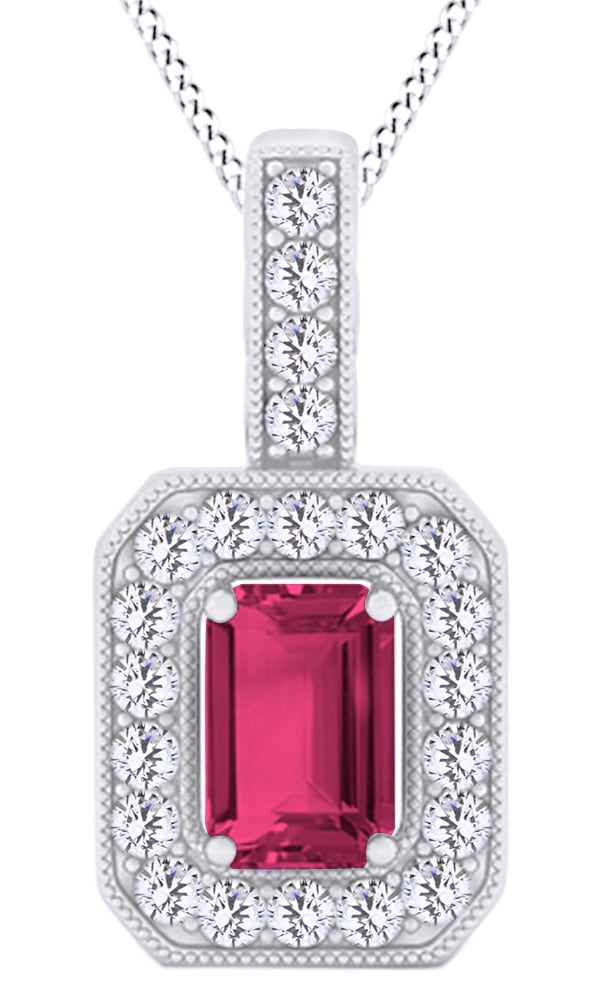 Jewel Zone Us Emerald Shape Simulated Pink Ruby Halo Pendant Necklace In 14k White Gold Over Sterling Silver Com - Pink Ruby Pendant White Gold Jewel Zone Us Emerald Shape Simulated Pink Ruby Halo Pendant Necklace In 14k White Gold Over Sterling Silver Com - Pink Ruby Pendant White Gold