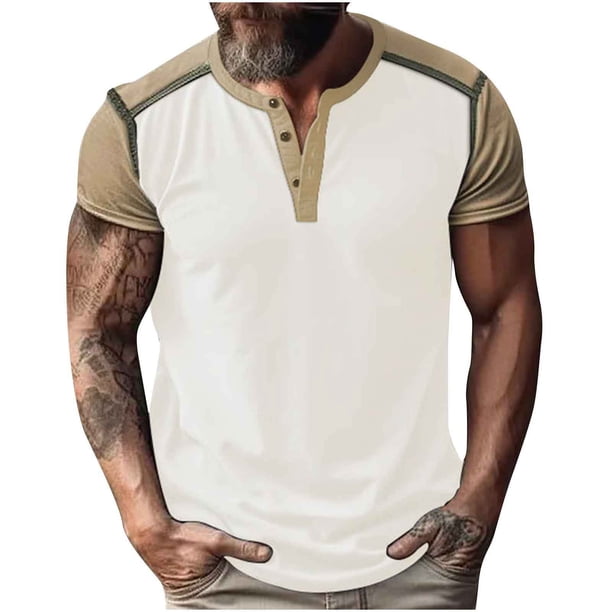 Blusa de Manga Corta Hombres Versátil Moda Color Bloque Botón Cuello Redondo, Camisa Casual Ligera para Diario