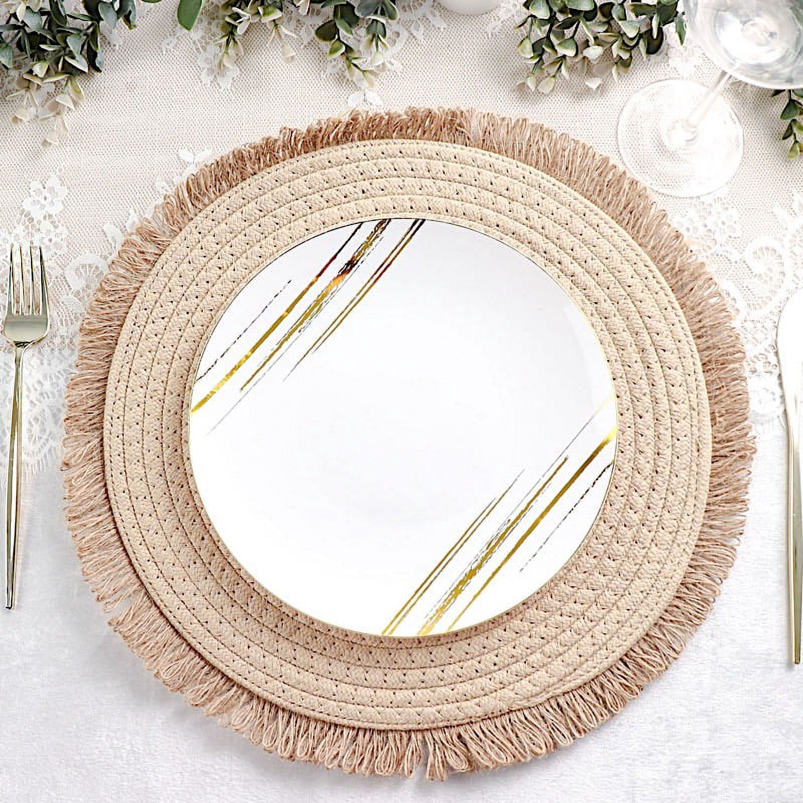 BalsaCircle 4 Natural 15 in Round Burlap Jute Placemats Fringed Trim Party Events Home Decorations Supplies