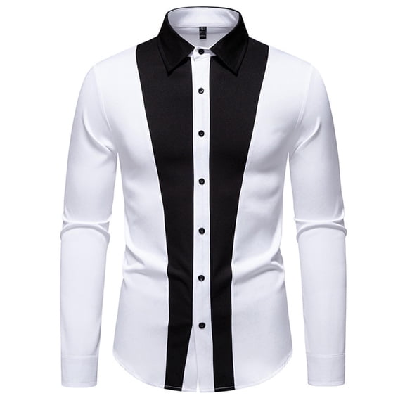 Men Lightweight Casual Classic Dress Shirt Stylish Solid Button Down Shirts Patchwork Slim Fit Long Sleeve Shirts White XXL