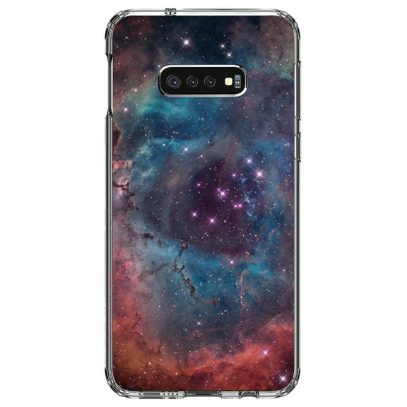 DistinctInk Clear Shockproof Hybrid Case for Samsung Galaxy S10e (5.8" Screen) - TPU Bumper, Acrylic Back, Tempered Glass Screen Protector - Purple Blue Pink Rosette Nebula - Astronomy