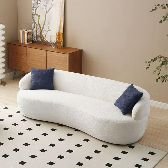 Williamspace 86.6" Curved Sofa, Modern 3 Seat Couch Back Upholstered Boucle Fabric Couch with Two Throw Pillows for Living Room, Office, Apartment, Beige